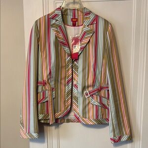 Vibrant Pink and Green Striped Blazer with Tailored Design